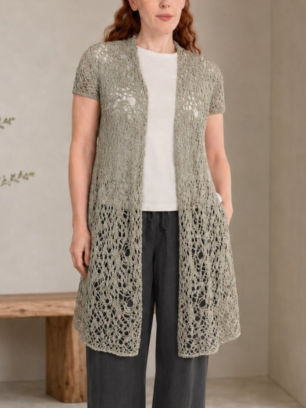 Eileen Fisher Luster Crochet Linen Blend Short Sleeve Cardigan Medium